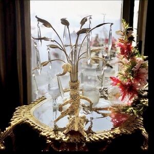 Vintage Hollywood  Regency Gold Brass Cherub Waterfall Prism Accent Boudoir Lamp